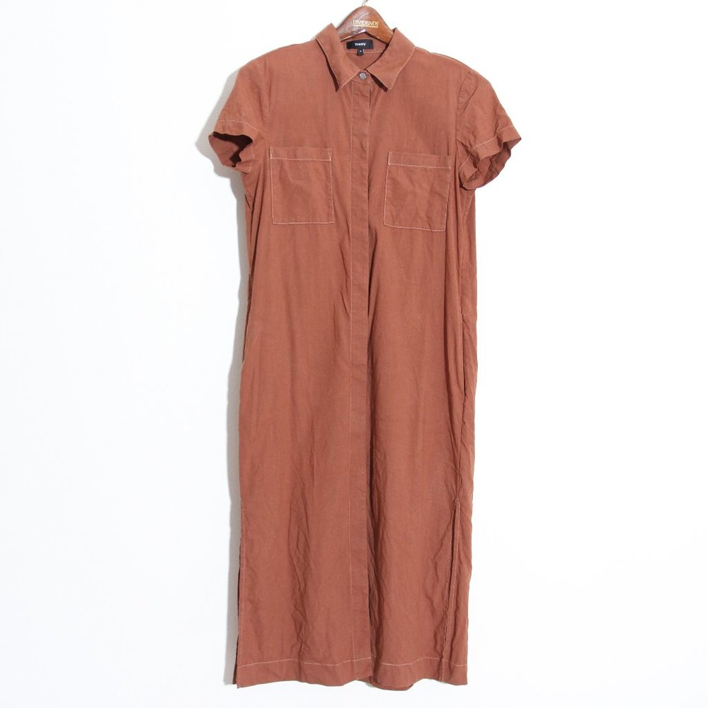 Theory Short Sleeve Shirtdress Linen Terracotta Soft Crunch Burnt Orange Size 4 - Picture 4 of 16